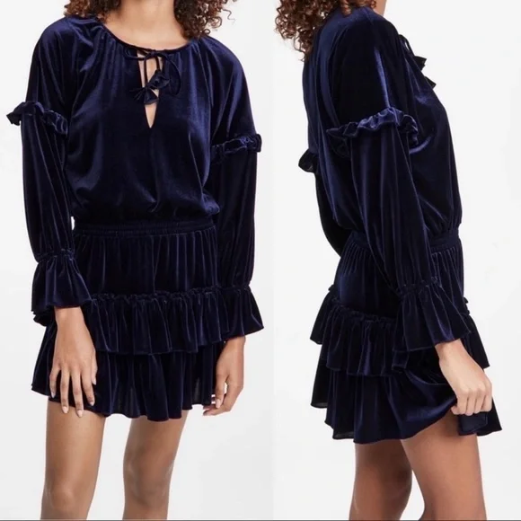 MISA Los Angeles | Lorena Blue Velvet Long Sleeve Ruffle Mini Dress Size XS NWT - Picture 1 of 10